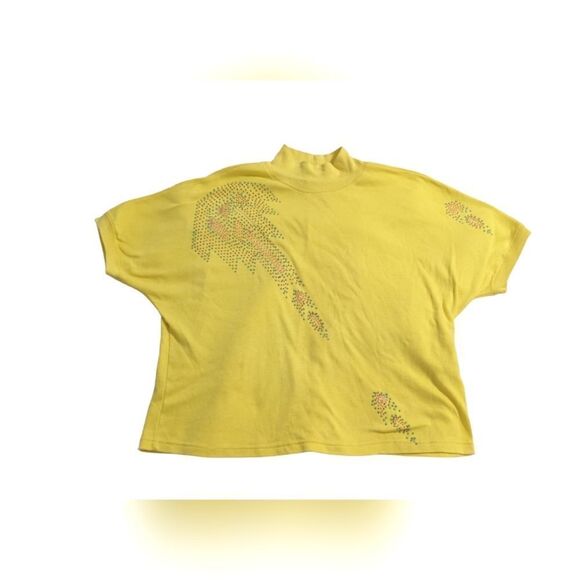 80s Mock Neck Yellow Dolman Sleeve Top with Puff Paint Designs - Picture 1 of 8